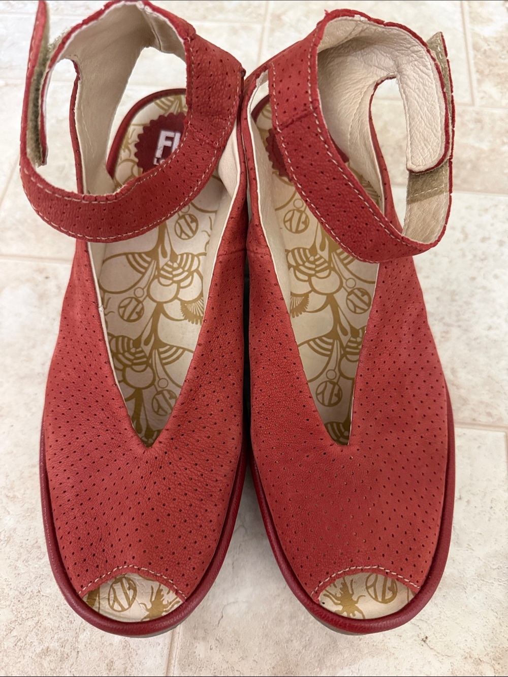 Fly London Red Perforated Peep-Toe Ankle Strap Sandals